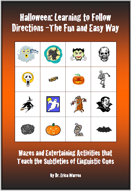 Halloween-themed learning activity featuring mazes and visual icons to teach following directions and understanding linguistic cues in a fun, engaging way