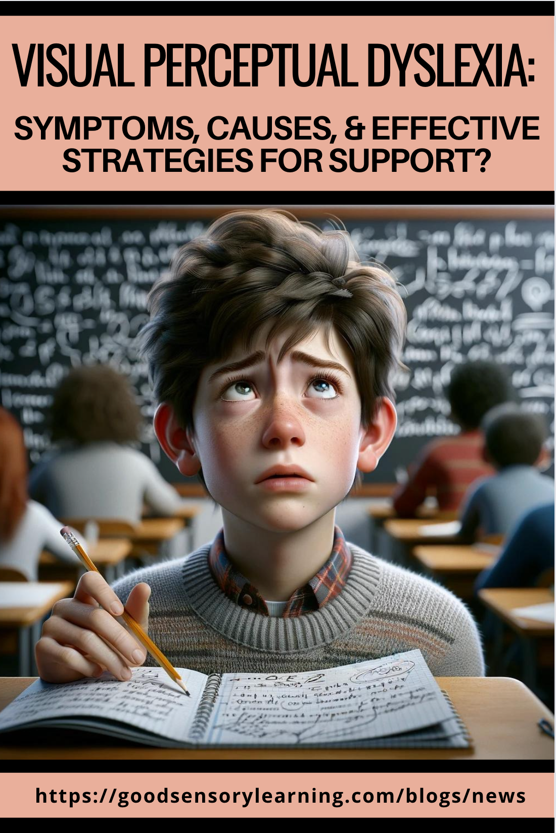 Student looking confused while holding a pencil in a classroom, illustrating visual perceptual dyslexia symptoms and learning challenges during reading and writing.