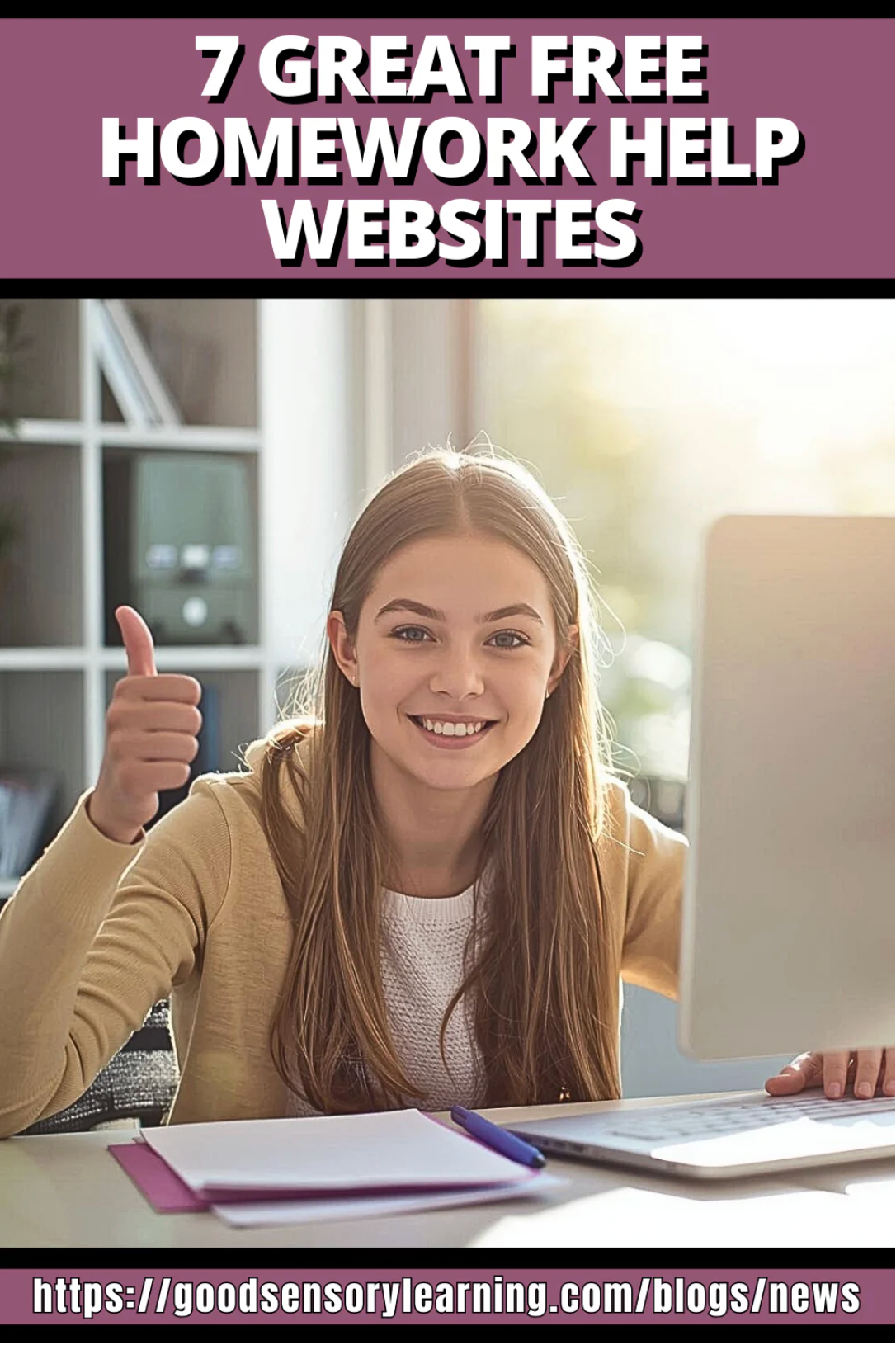 Student giving thumbs up on blog image about 7 great free homework help sites