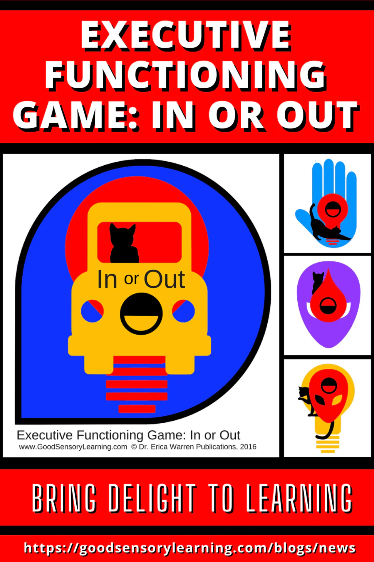 In or Out executive functioning game cover featuring a car, light bulb and cat graphic, designed to strengthen attention, inhibitory control, and decision-making skills.