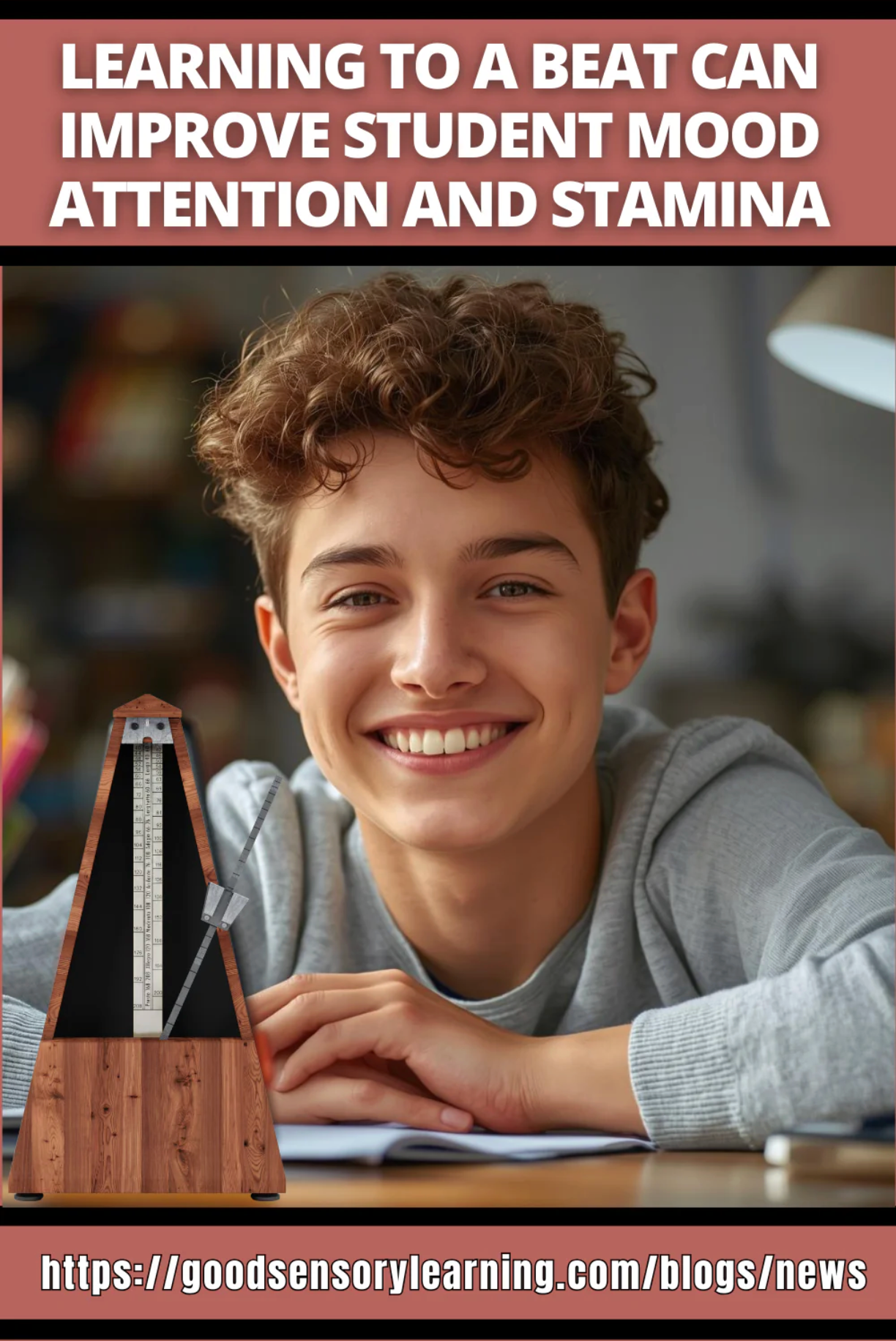 Student smiling while studying with a metronome, illustrating how rhythm-based learning can improve mood, attention, and stamina in students