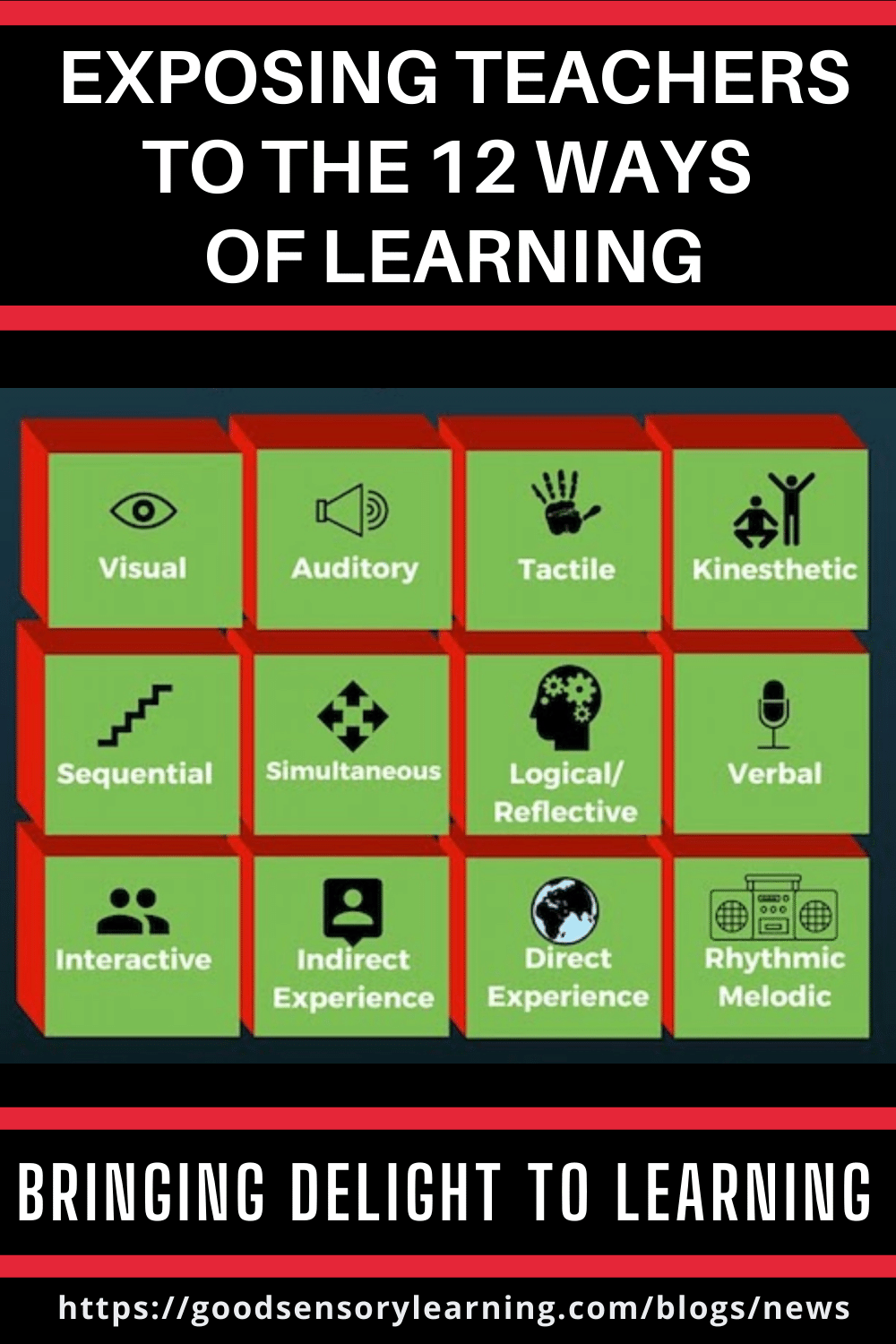 Infographic exposing teachers to the 12 ways of learning, including visual, auditory, tactile, kinesthetic, sequential, logical, verbal, and experiential processing styles