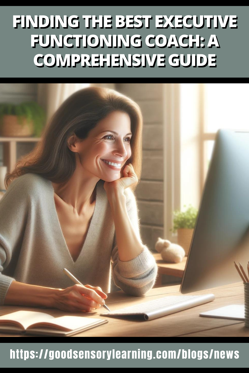 Finding the best executive functioning coach guide featuring an adult learner working at a computer