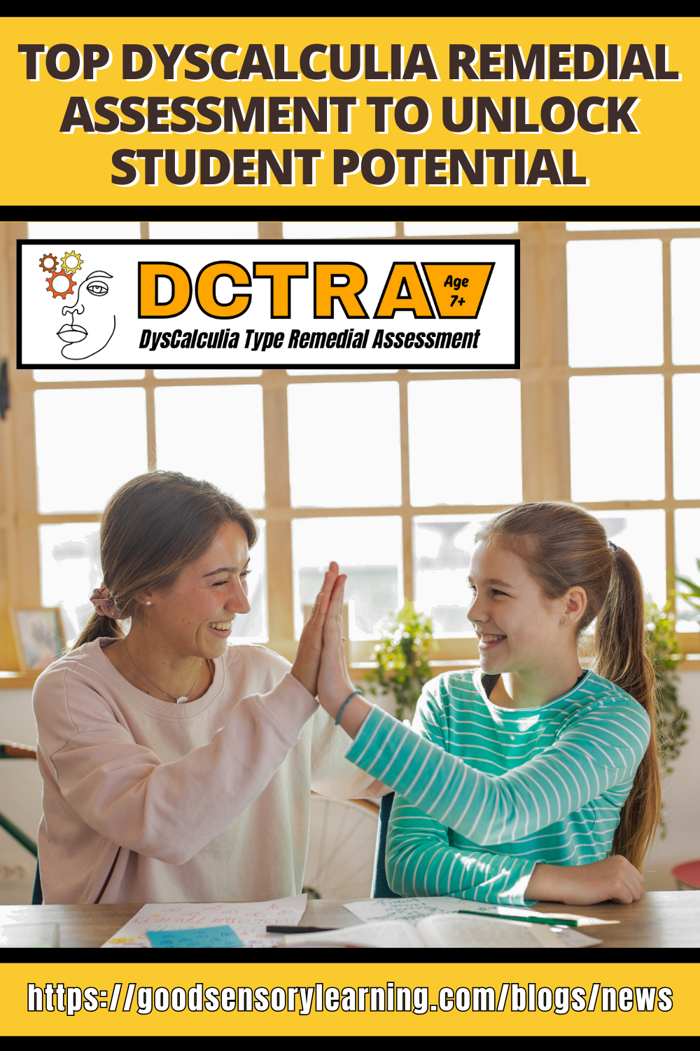 Dyscalculia Type Remedial Assessment (DCTRA) banner showing teacher and student celebrating progress in math learning