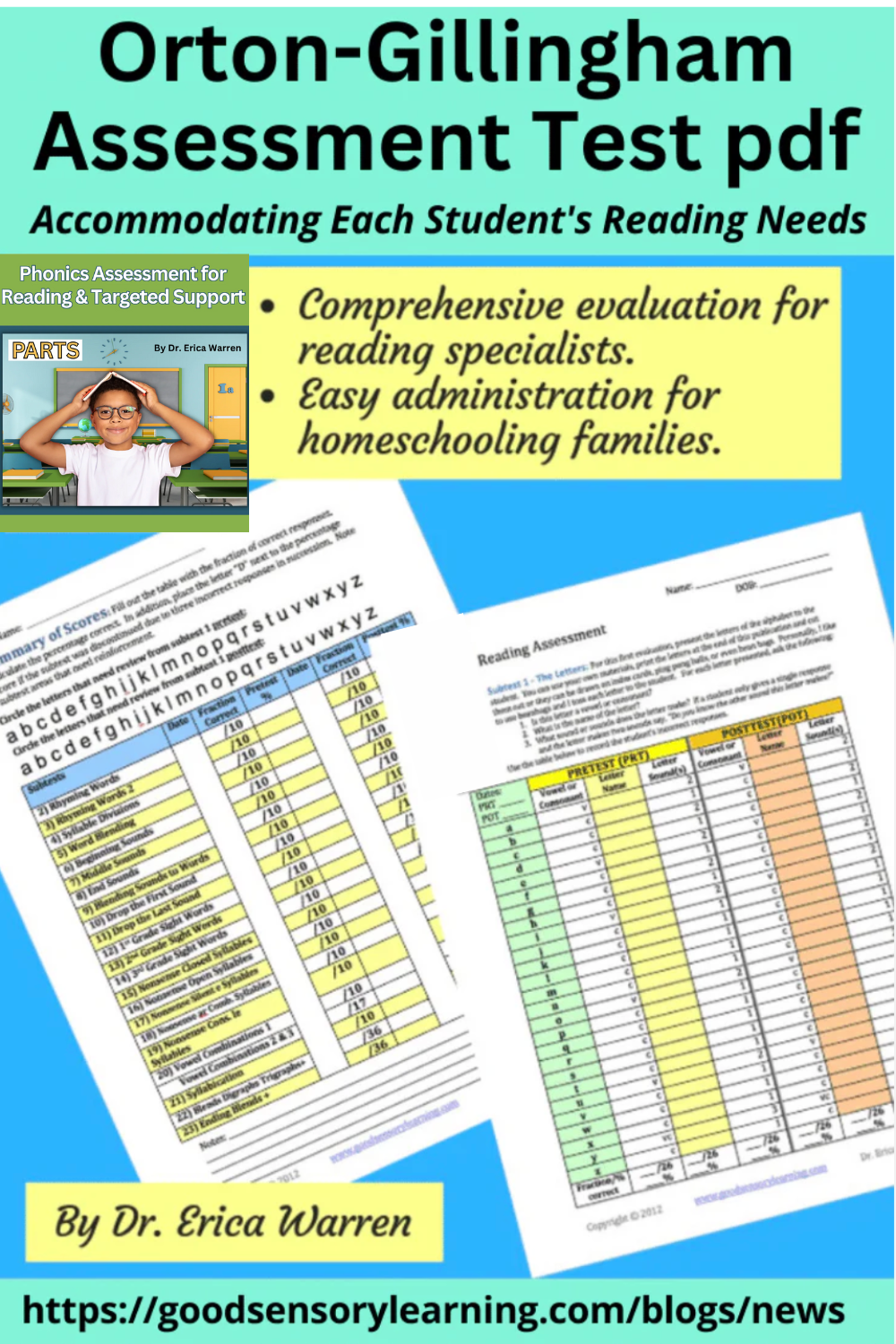 Orton-Gillingham phonics assessment PDF showing reading score sheets and charts for evaluating student reading skills, designed for teachers, specialists, and homeschooling families.