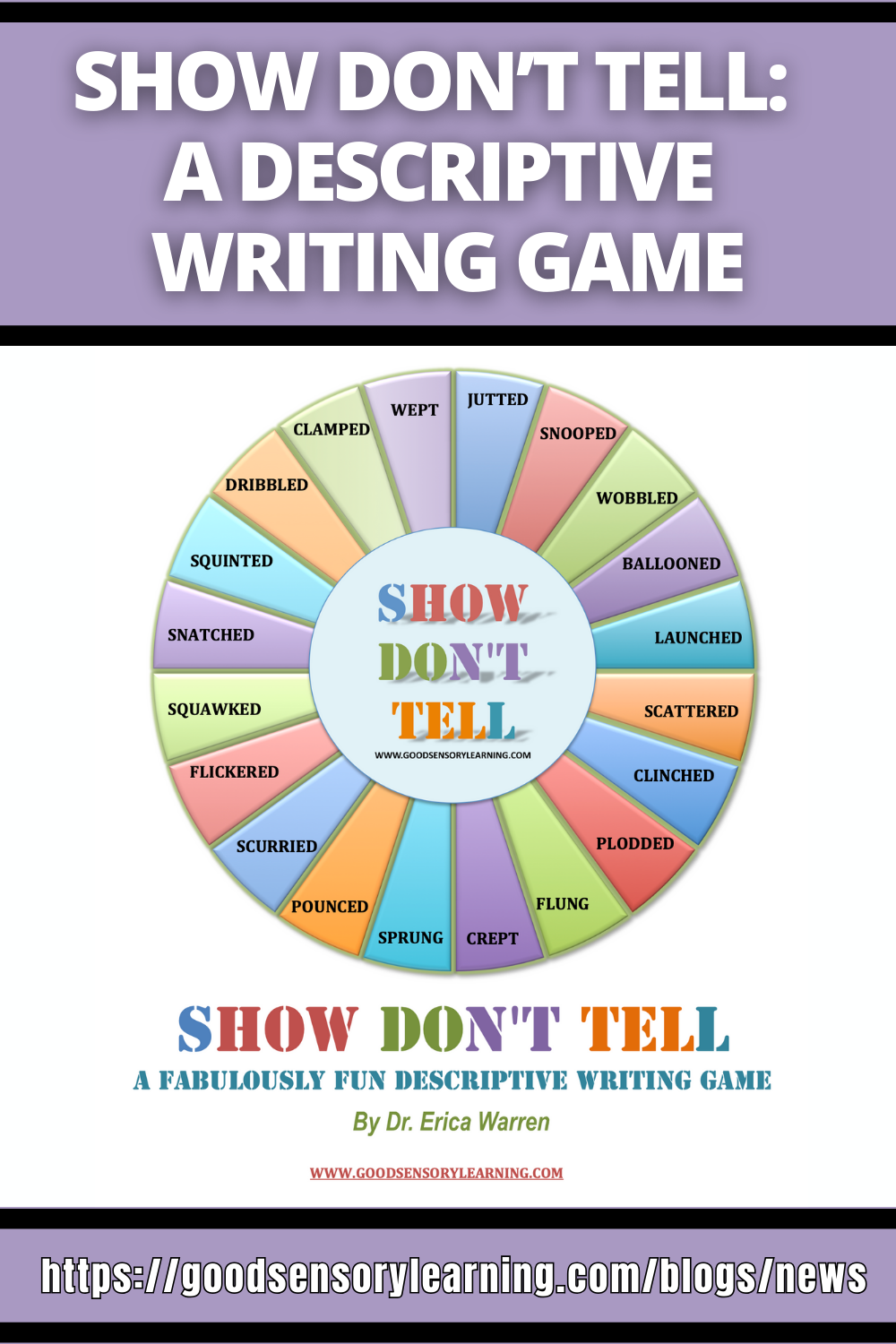 Show Don’t Tell descriptive writing game by Dr. Erica Warren with a verb spinner to build vivid language, expressive writing, and storytelling skills