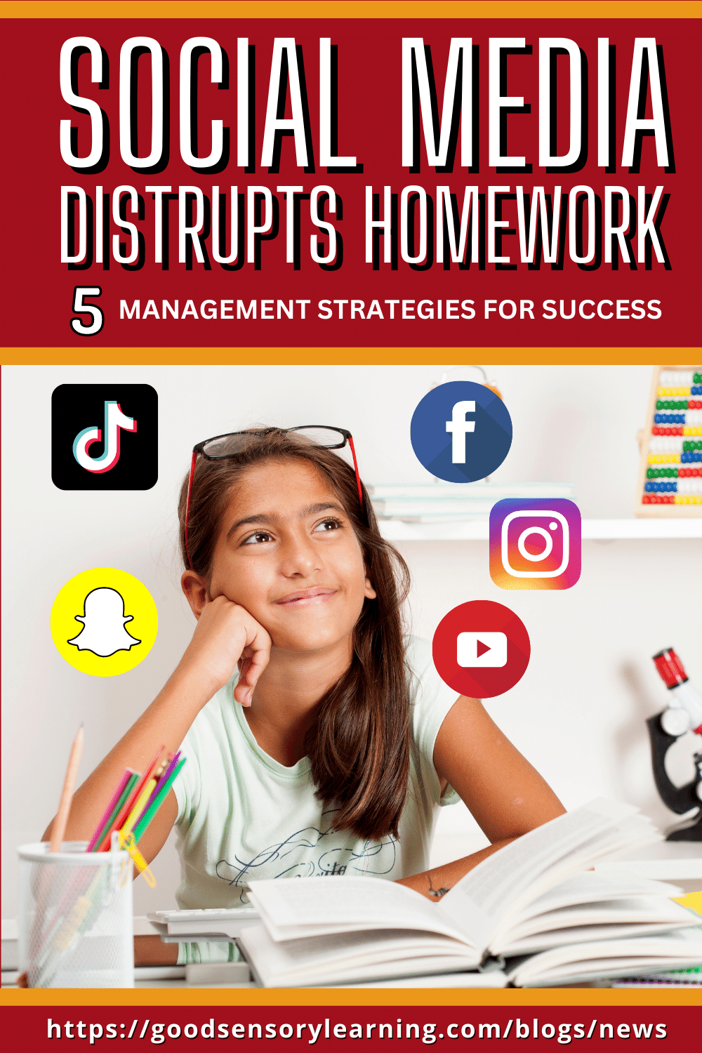 Social media distractions affecting homework, featuring a student daydreaming while studying with TikTok, Instagram, YouTube, Snapchat, and Facebook icons.