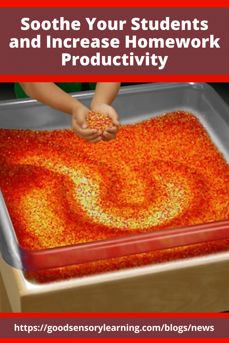 Child using a sensory bin with tactile materials to calm the body, reduce stress, and improve focus and homework productivity