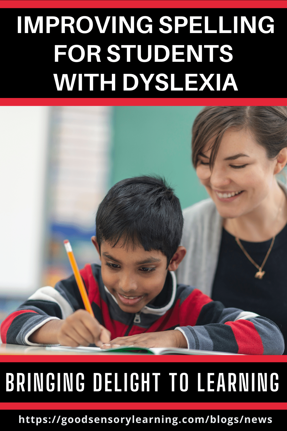 Improving spelling for students with dyslexia, showing a teacher supporting a child during a writing activity.