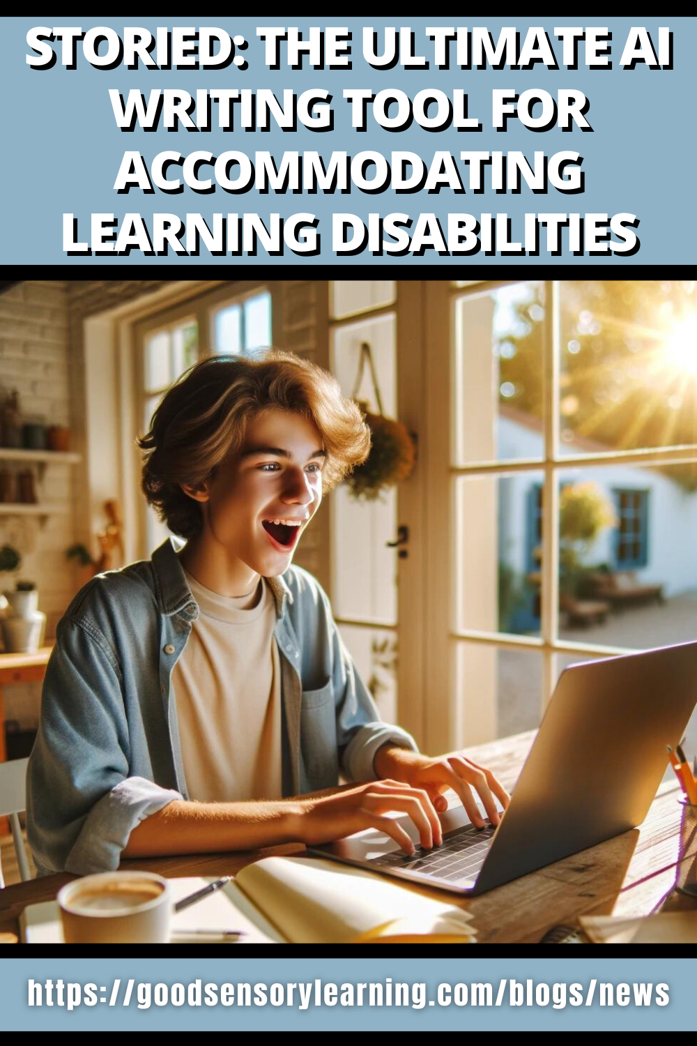 Student smiling while typing on a laptop, illustrating how AI writing tools like Storied can support students with learning disabilities.