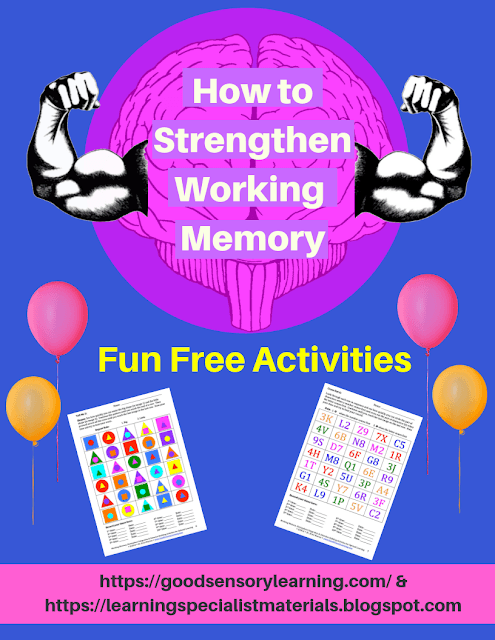 Working memory activities for kids featuring brain illustration and printable cognitive exercises