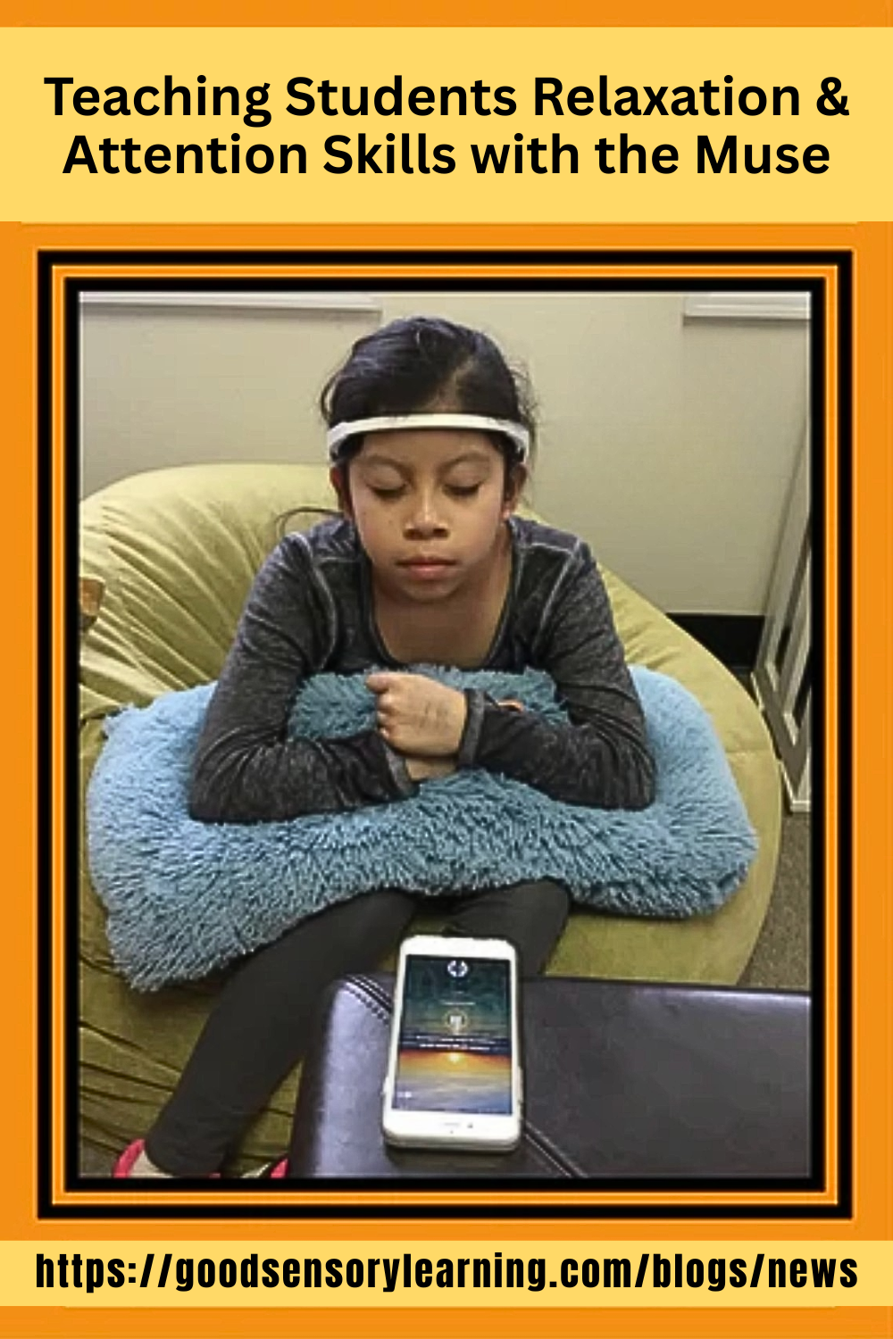 Student wearing a Muse headband while practicing relaxation and attention skills, using guided mindfulness technology to support focus, self-regulation, and calm learning.