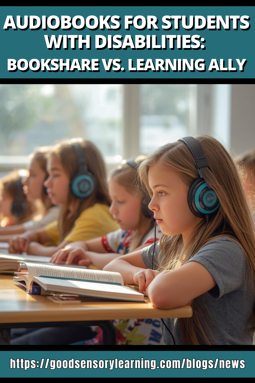 Group of elementary students wearing headphones while reading books at their desks in a classroom, beneath text comparing audiobook platforms for students.