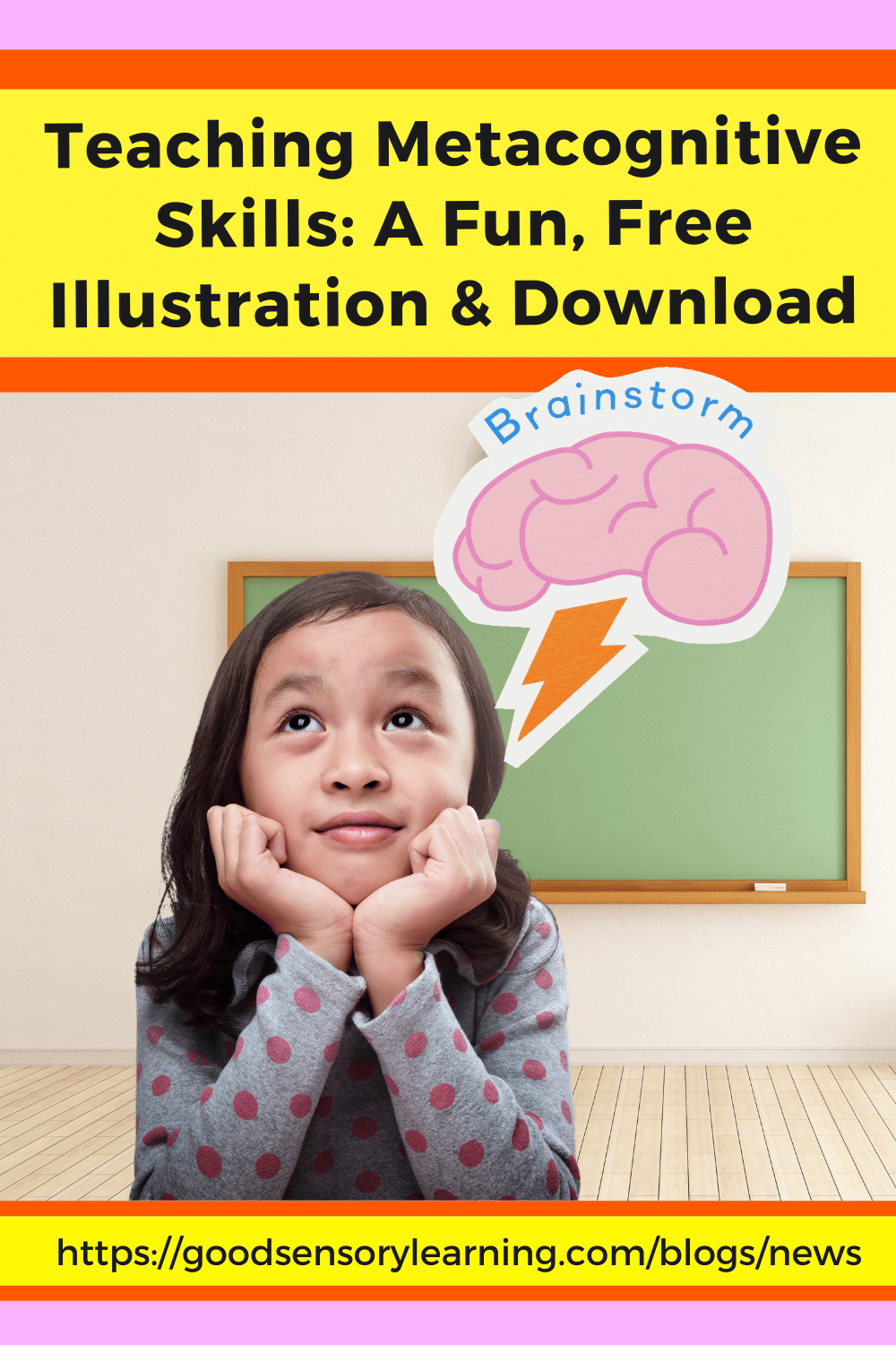 Child looking upward with illustrated brain and lightning bolt, representing metacognitive thinking skills, creativity, and reflective learning in an educational classroom setting.