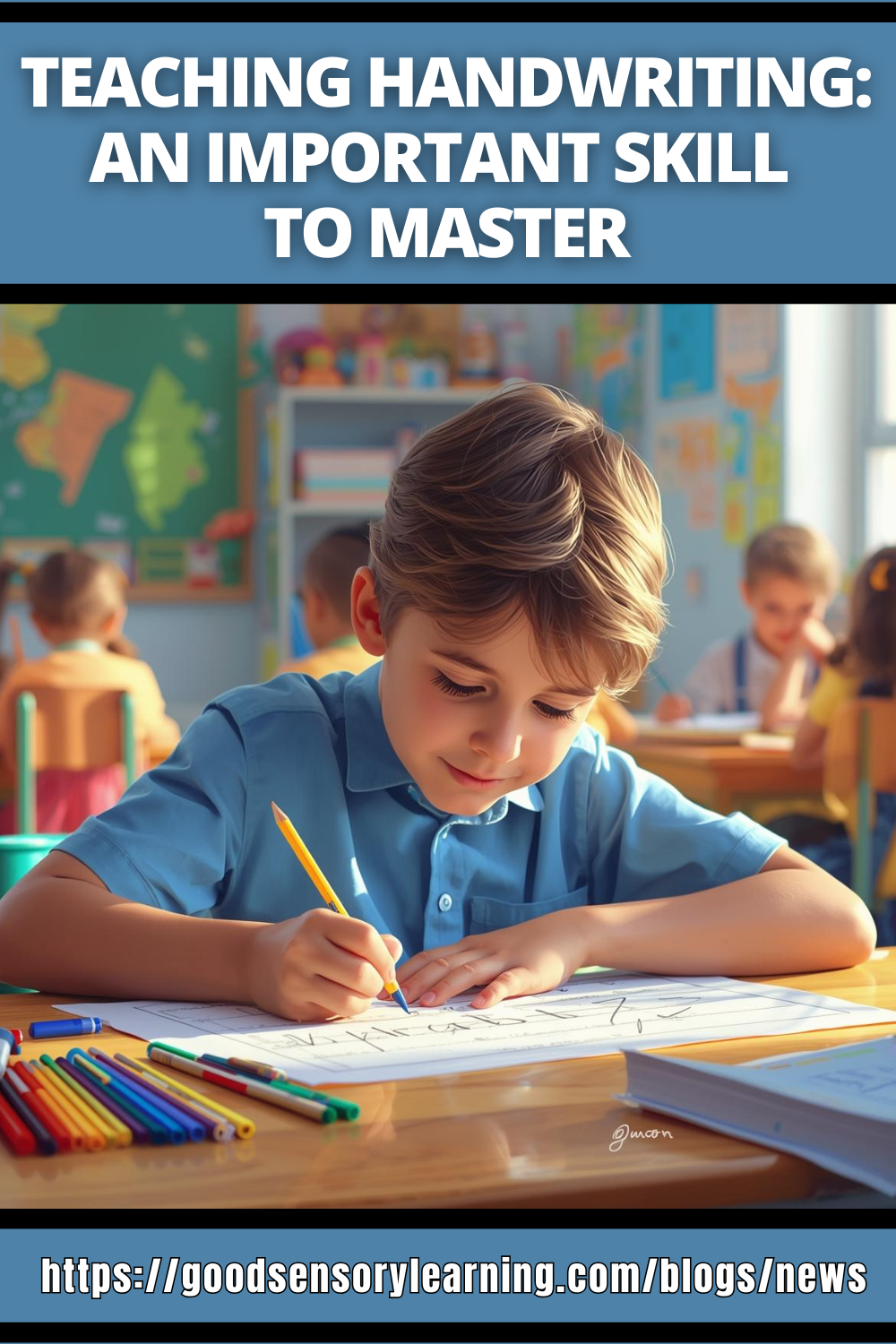 Young student practicing handwriting in a classroom, illustrating the importance of teaching handwriting skills and fine-motor development.