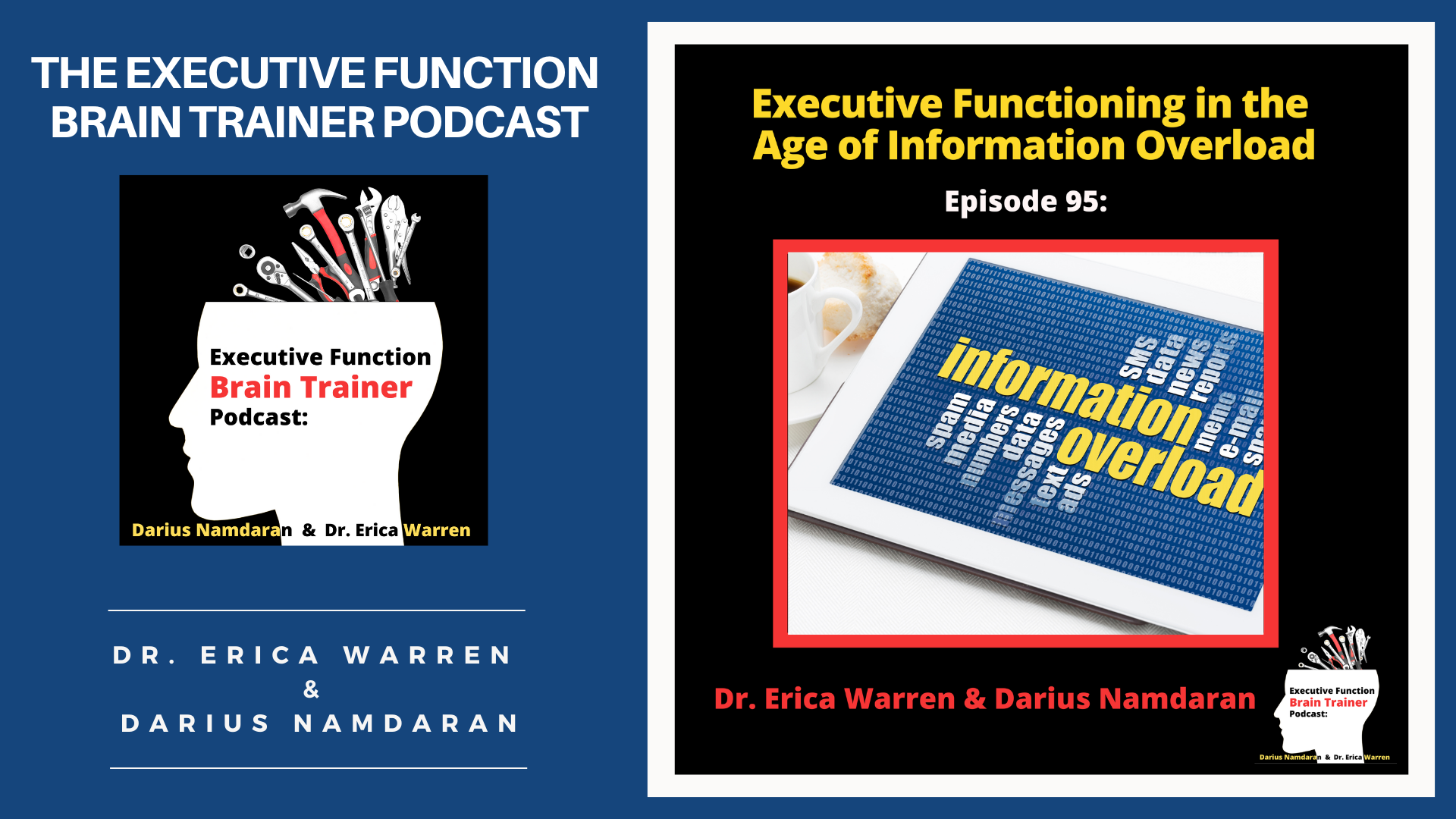 Promotional graphic for 'The Executive Function Brain Trainer Podcast' with episode 95 title and speakers' names.