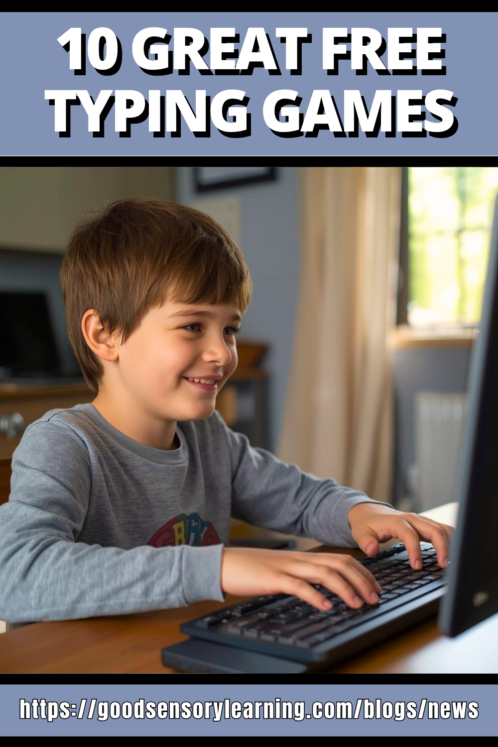 Happy young boy playing typing games for blog