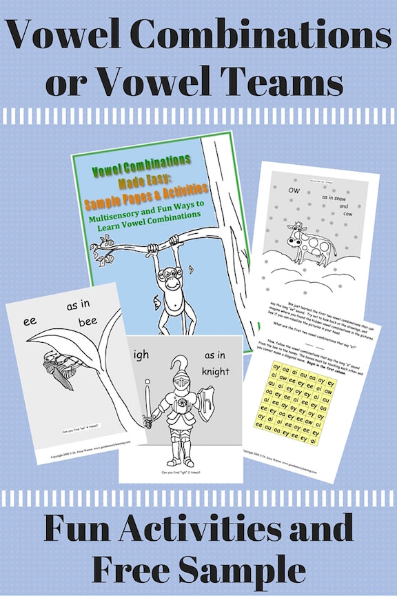 Printable vowel combinations and vowel teams activities, showing multisensory phonics pages and a free sample for reading instruction.