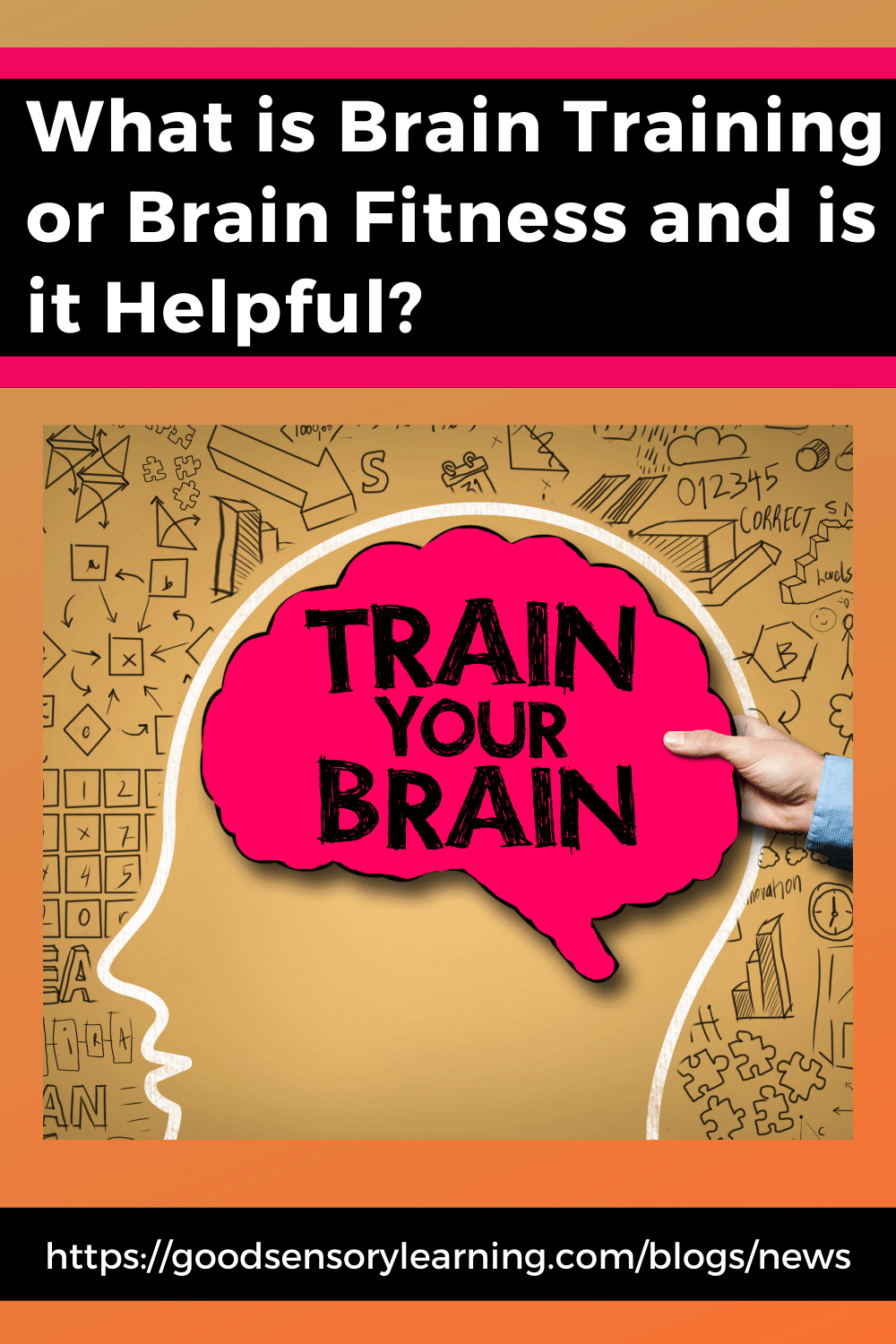 Illustration asking what brain training is, showing a head silhouette with a brain labeled train your brain, exploring brain fitness and cognitive benefits