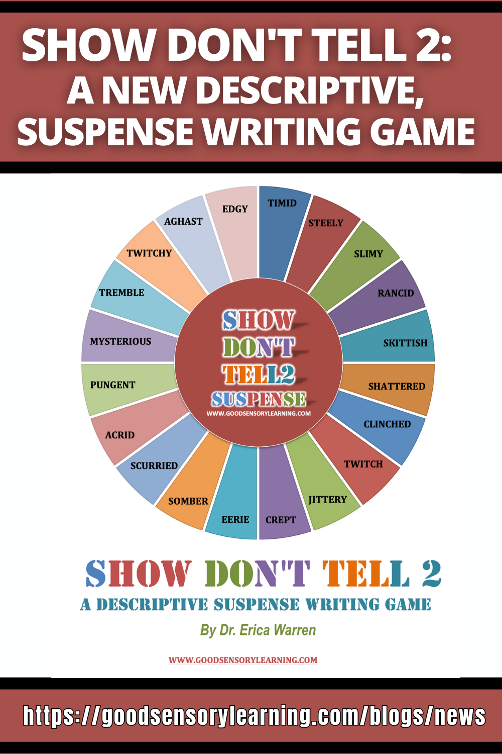 Show Don’t Tell 2 descriptive suspense writing game featuring a colorful emotion and action word wheel to build vivid storytelling skills