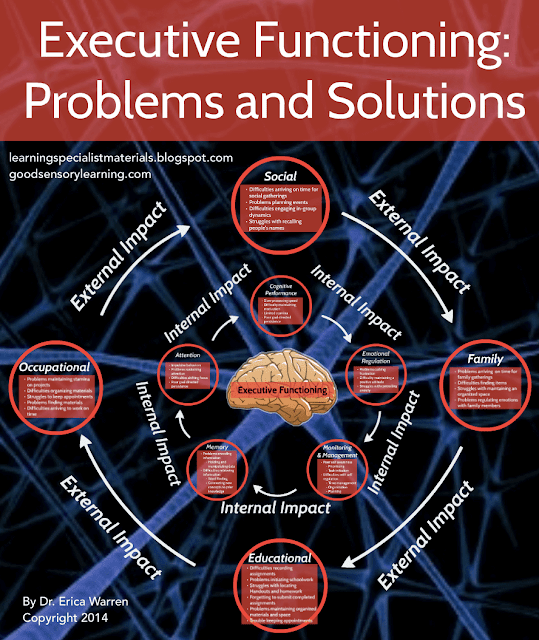 Executive functioning problems and solutions diagram showing internal and external impacts on attention, memory, emotional regulation, academics, family, and work