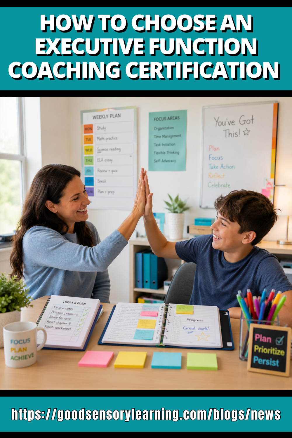 An executive functioning coach working with a student and giving the high five.