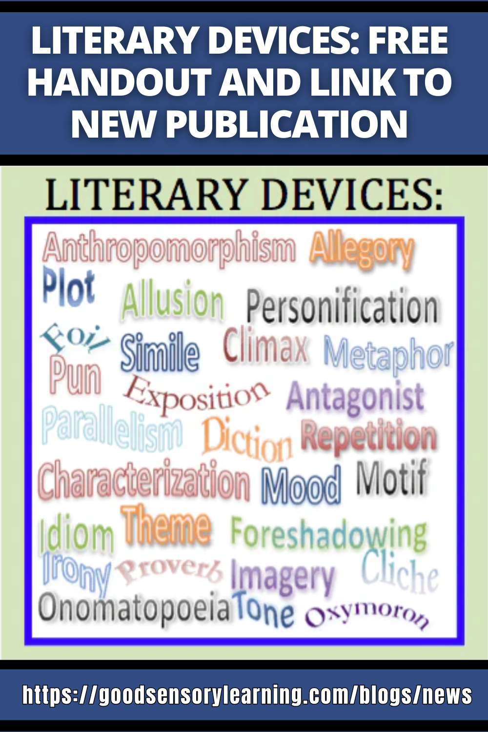 Literary devices free handout featuring common terms such as metaphor, simile, imagery, personification, and foreshadowing.