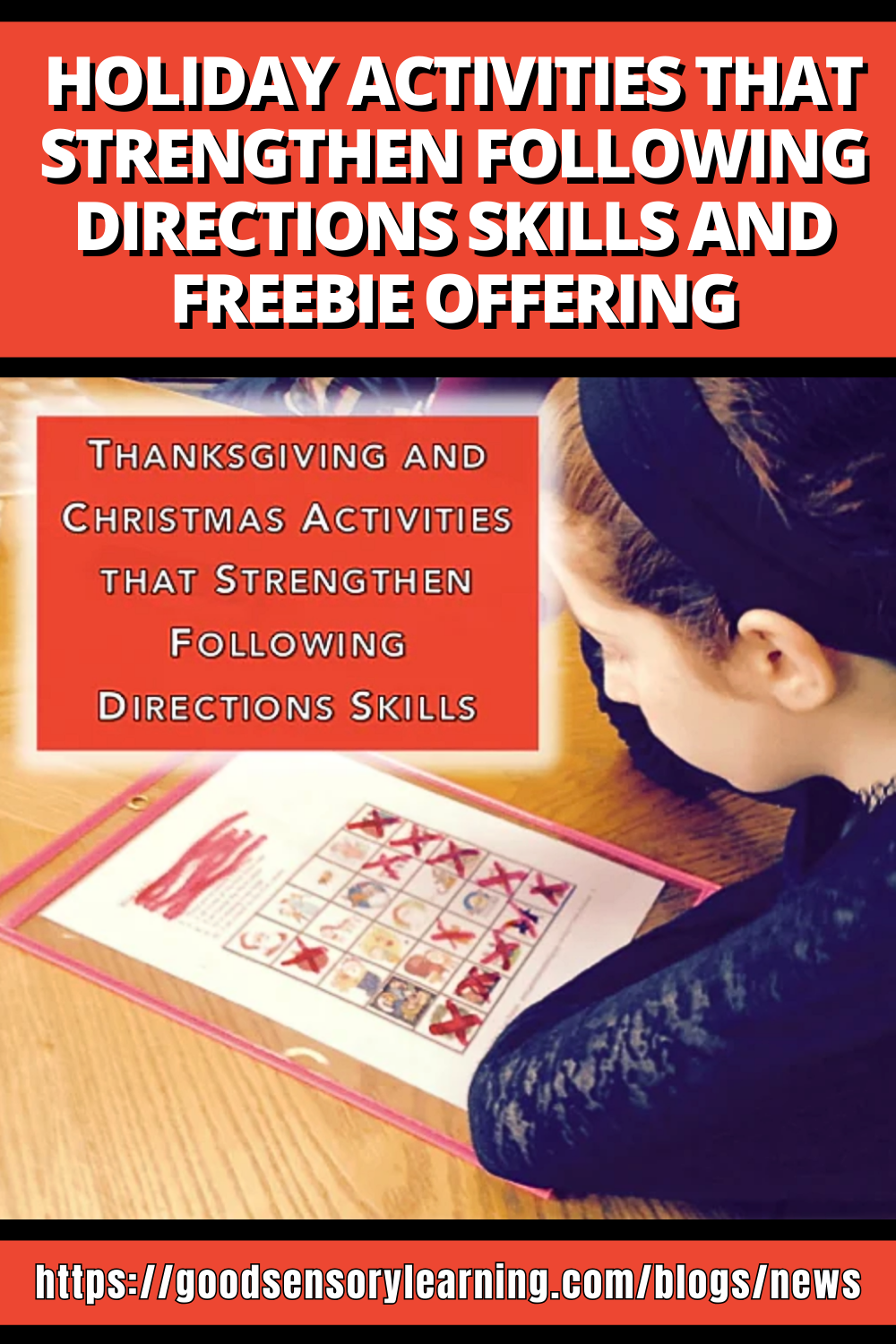 Holiday following directions activities graphic showing a child completing a visual directions worksheet, promoting Thanksgiving and Christmas games that strengthen following directions skills with a freebie offer.
