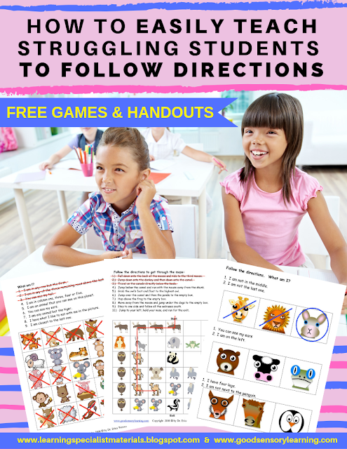 Free games and printable activities to teach struggling students how to follow directions using visual and multisensory strategies