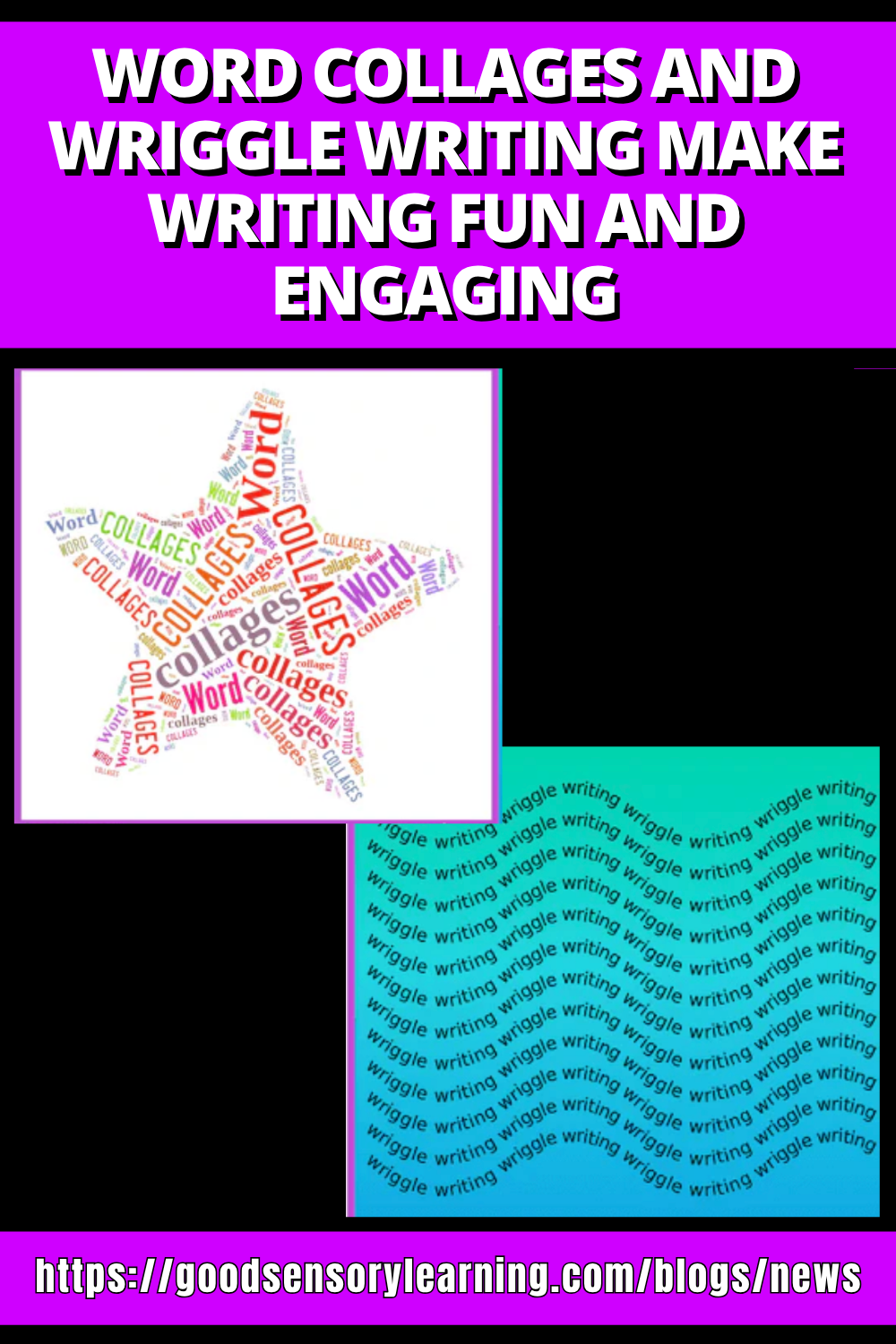 Word collage star and “wiggle writing” background illustrating a playful, multisensory approach to making writing fun and engaging for students