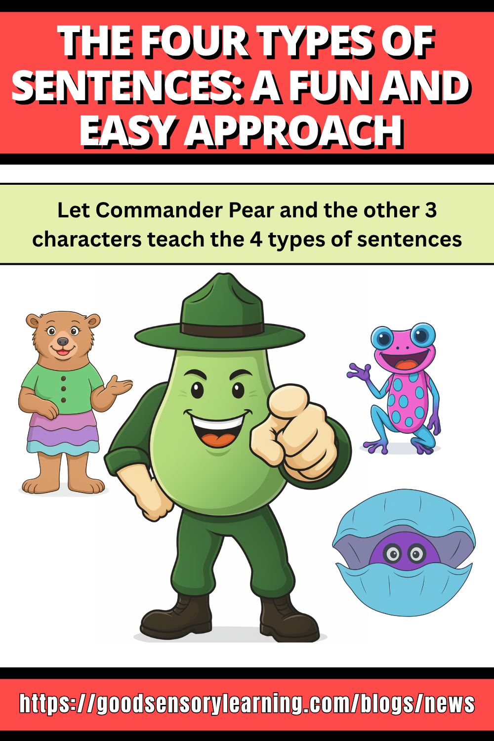 Educational graphic titled “The Four Types of Sentences: A Fun and Easy Approach” featuring cartoon characters teaching declarative, interrogative, imperative, and exclamatory sentences.