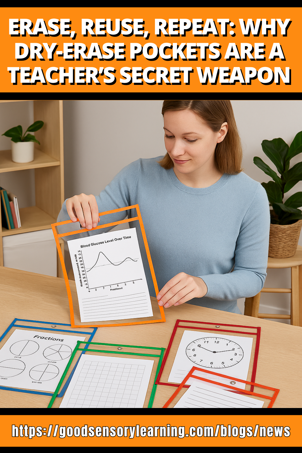 Teacher using dry-erase pockets with reusable worksheets to support hands-on, eco-friendly learning strategies that improve engagement, organization, and practice efficiency in the classroom.