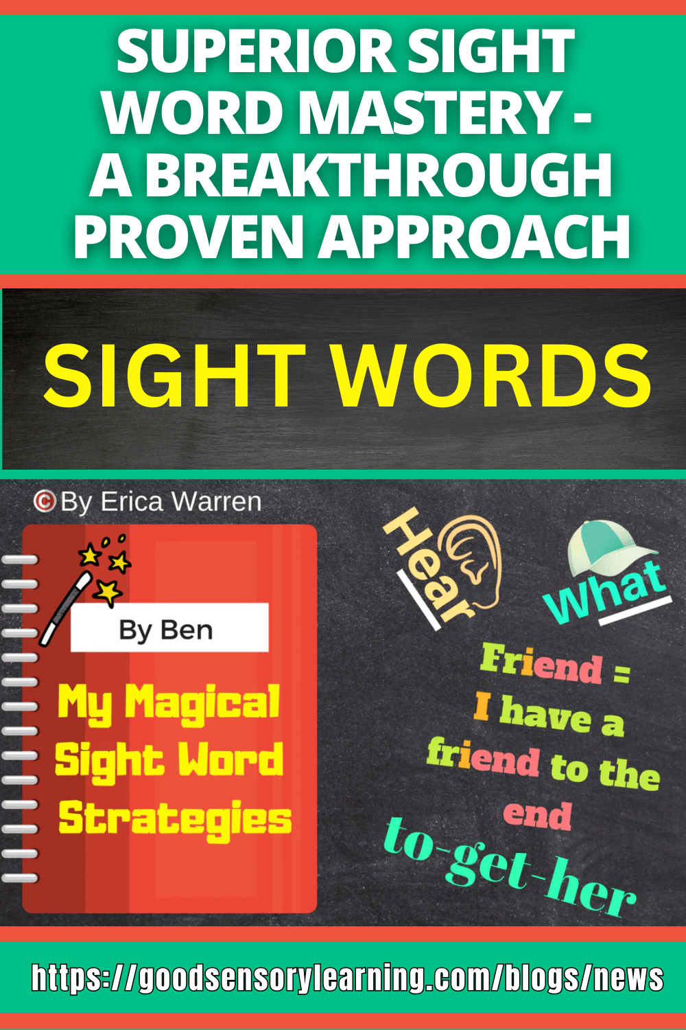 Educational graphic promoting a proven approach to sight word mastery, featuring multisensory sight word strategies by Dr. Erica Warren with visual and auditory supports.