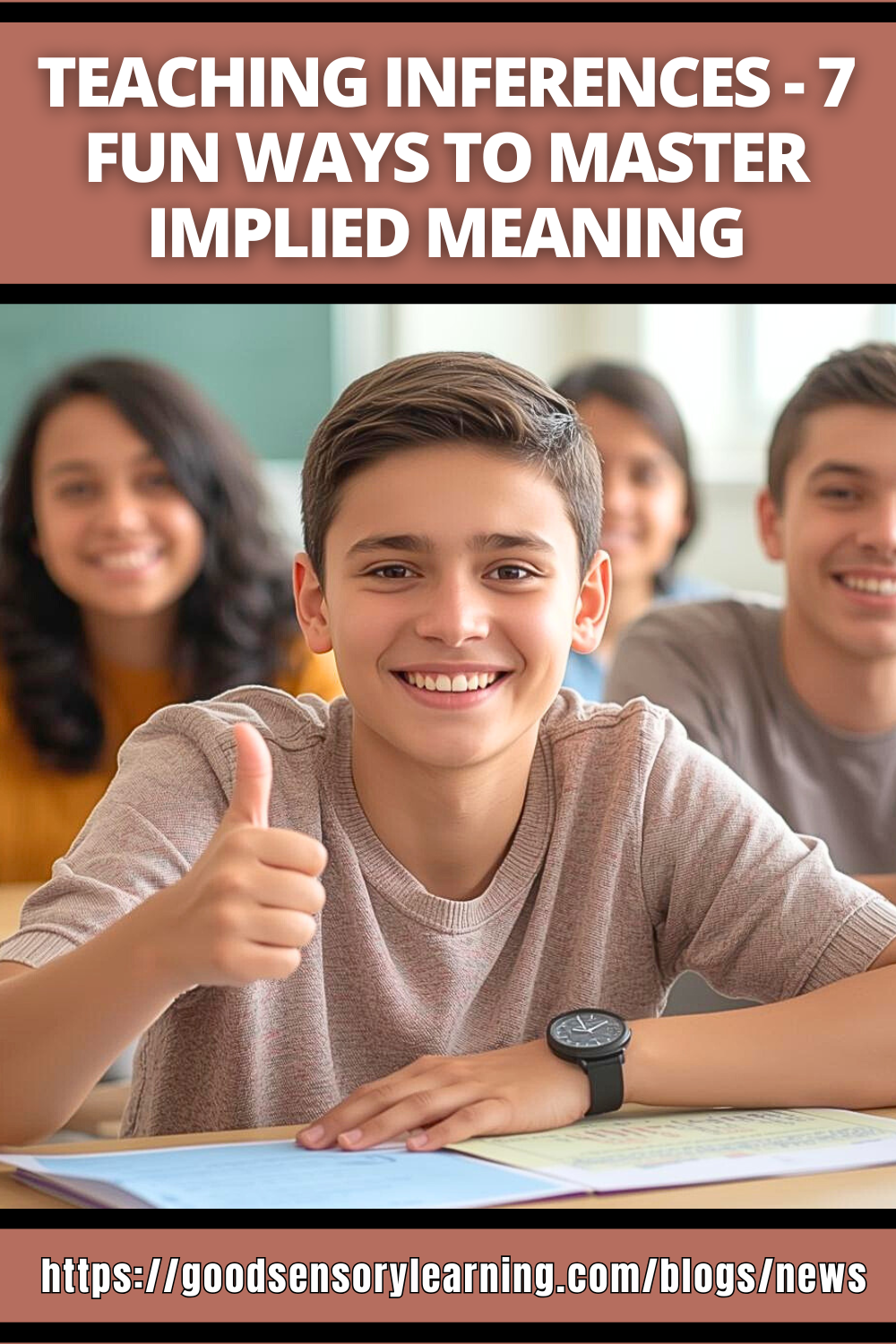 Student giving a thumbs up while learning inference skills, representing fun and effective strategies for teaching implied meaning in reading comprehension.