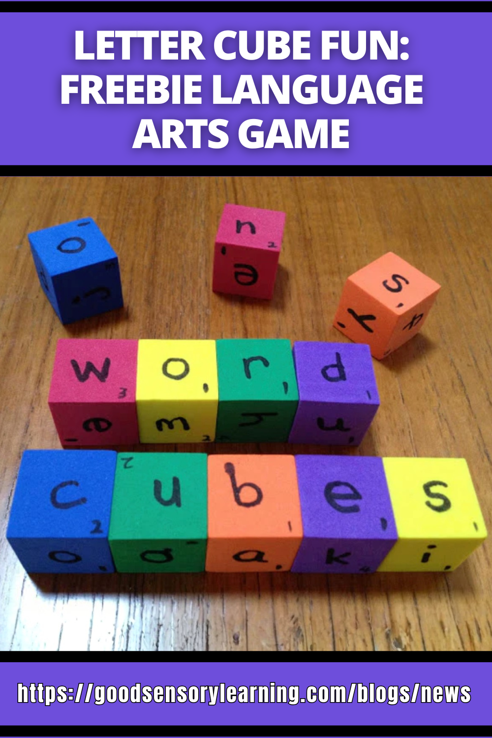 Colorful letter cubes spelling words in a hands-on language arts game, showcasing Letter Cube Fun freebie for building spelling, phonics, and word skills