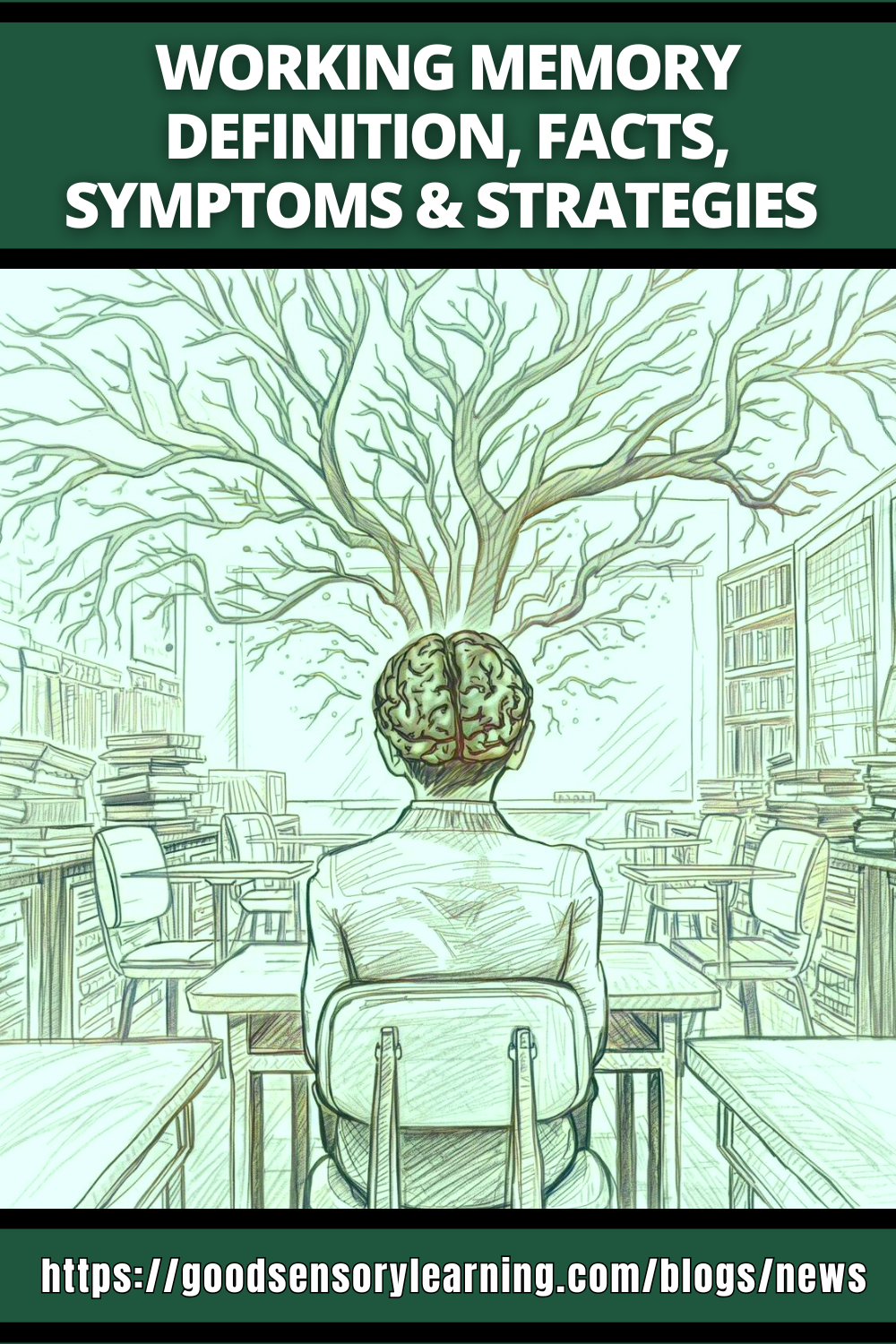 Working memory illustration showing a student seated in a classroom with a brain branching like a tree, symbolizing working memory, learning, attention, and cognitive strategies