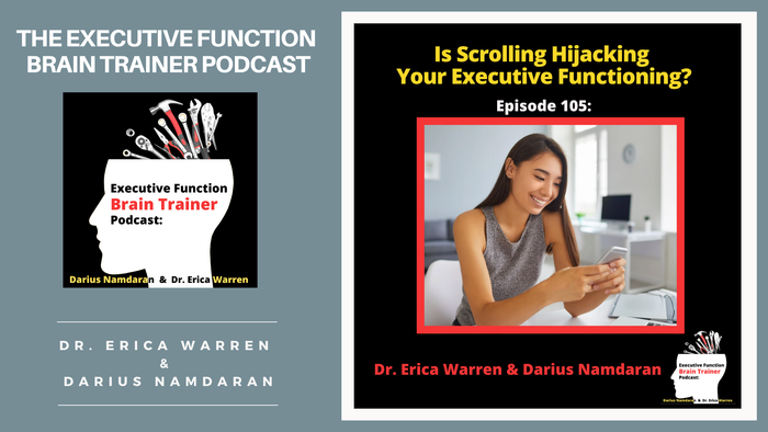 Woman scrolling on her phone with the title Is Scrolling Hijacking Your Executive Functioning?