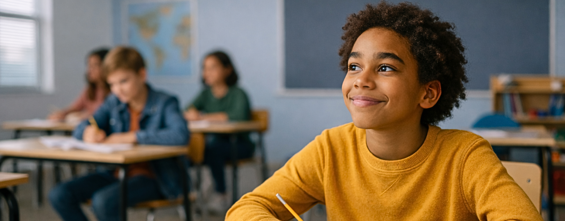 Young boy in a yellow shirt sitting in a classroom