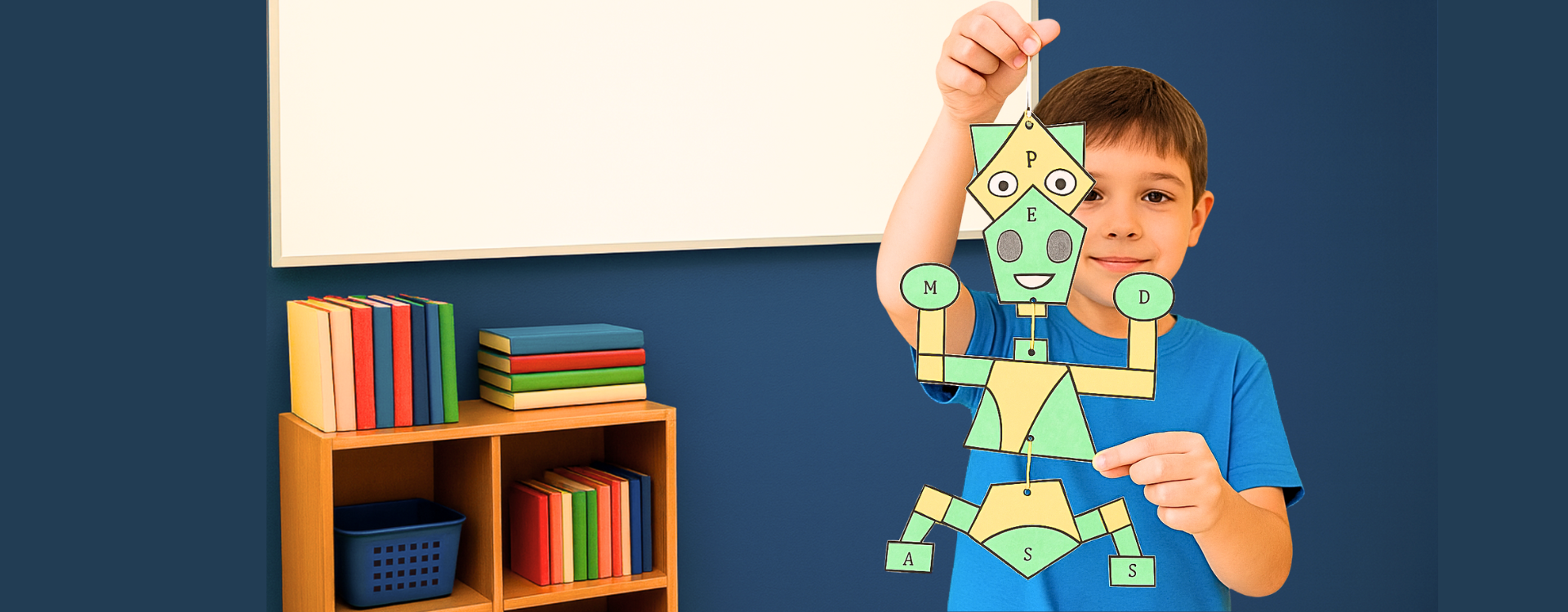Child in blue holding a colorful geometric robot model 