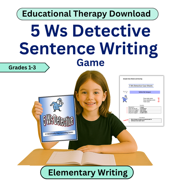 Educational product for elementary writing with a girl holding a book titled '5 Ws Detective'.