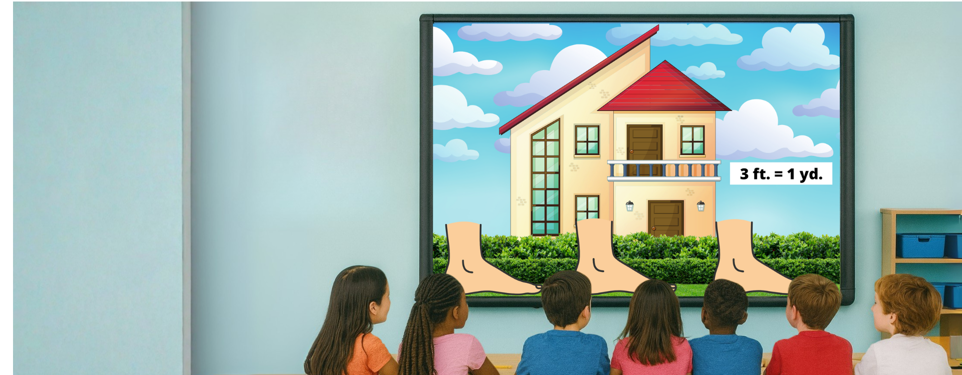 Children sitting at a table and looking at Smartboard with a screen displaying a memory strategy for students.