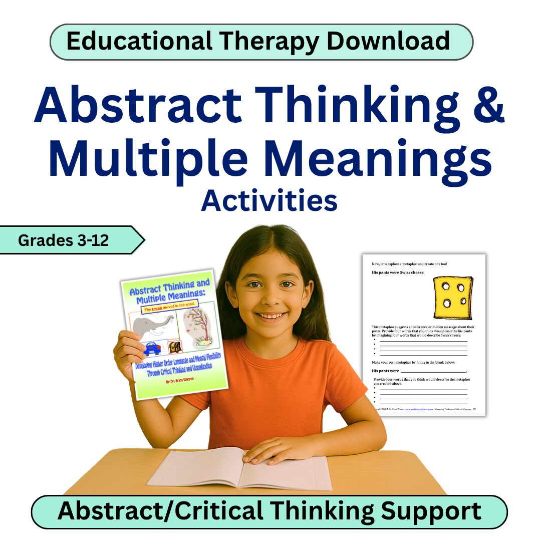 Educational therapy download for abstract thinking and multiple meanings activities with a girl holding a book.