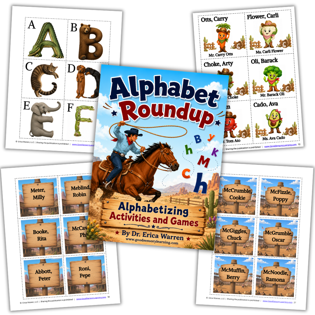 collage of alphabet Roundup sample images of game cards and cover image