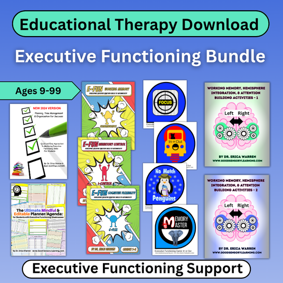 Educational therapy download bundle for executive functioning support with various colorful covers on a blue background.