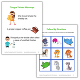 Sample page showing funny tongue twisters and a fun activity with cute animals.