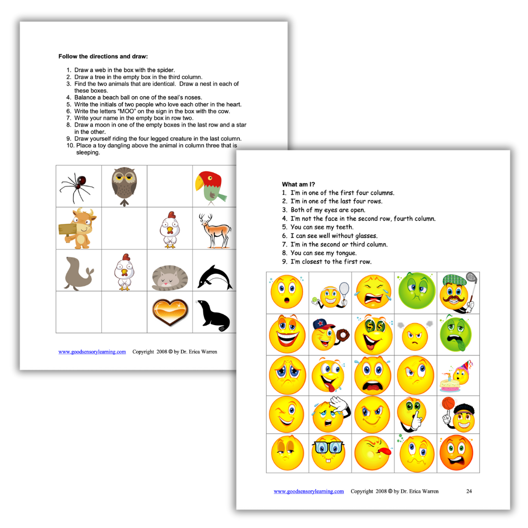 Following directions samples pages including a drawing and process of elimination activity with cute images.
