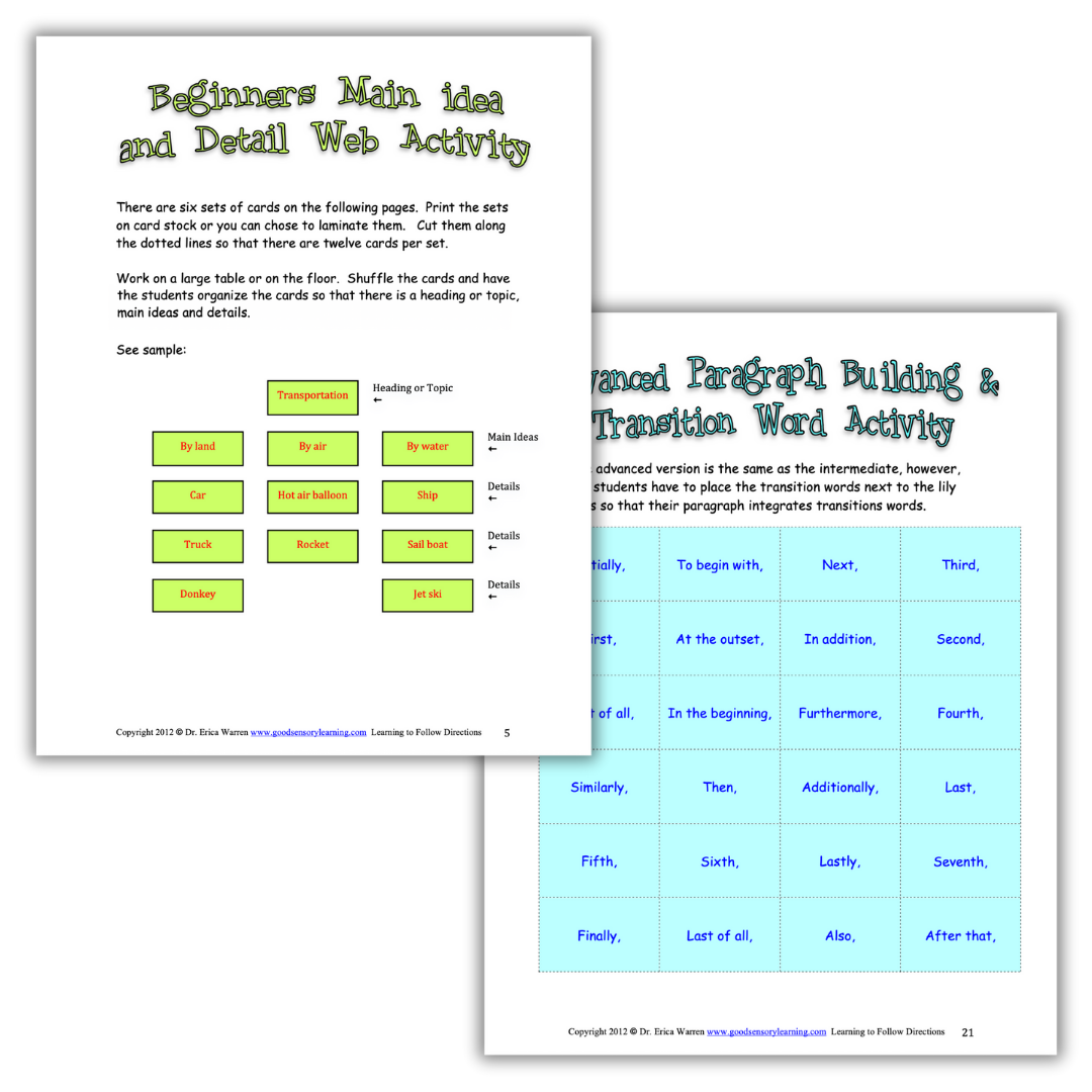 Sample pages for main idea and detail as well as paragraph building activities 