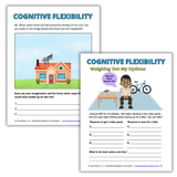 Sample pages from a Cognitive Flexibility  Workbook with a donkey on a roof and a boy weighing out options.