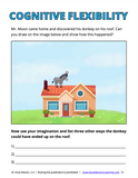 Worksheet on cognitive flexibility with a donkey on a roof and space for imagination.