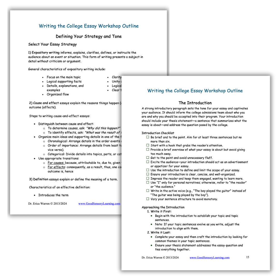 Sample pages from college essay workshop defining the strategy and tone as well as writing the intorduction